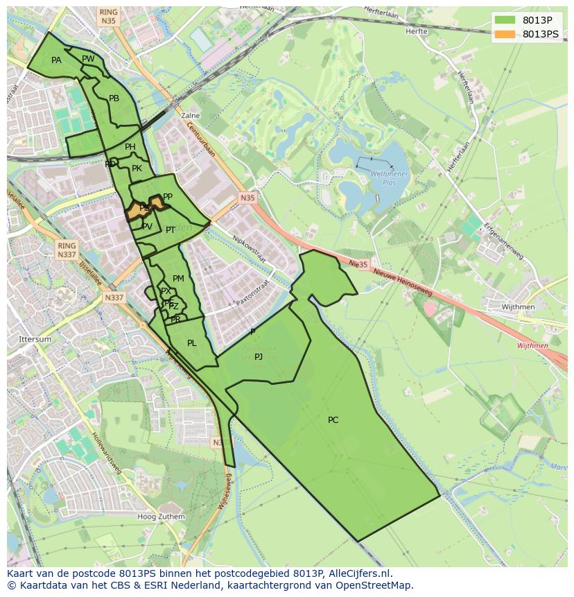 Afbeelding van het postcodegebied 8013 PS op de kaart.