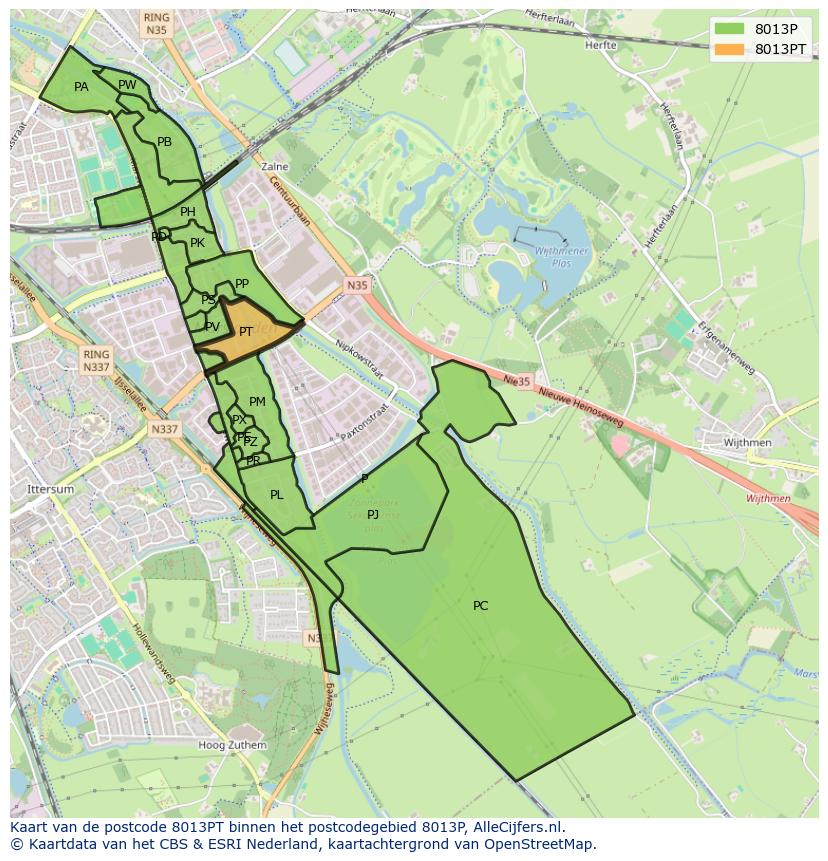 Afbeelding van het postcodegebied 8013 PT op de kaart.