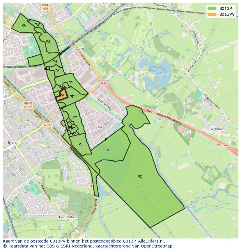 Afbeelding van het postcodegebied 8013 PV op de kaart.