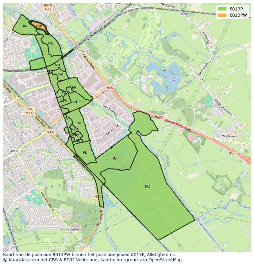 Afbeelding van het postcodegebied 8013 PW op de kaart.
