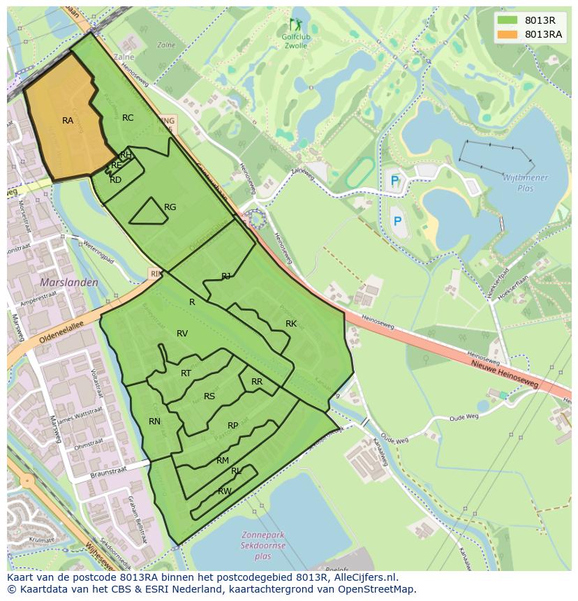 Afbeelding van het postcodegebied 8013 RA op de kaart.