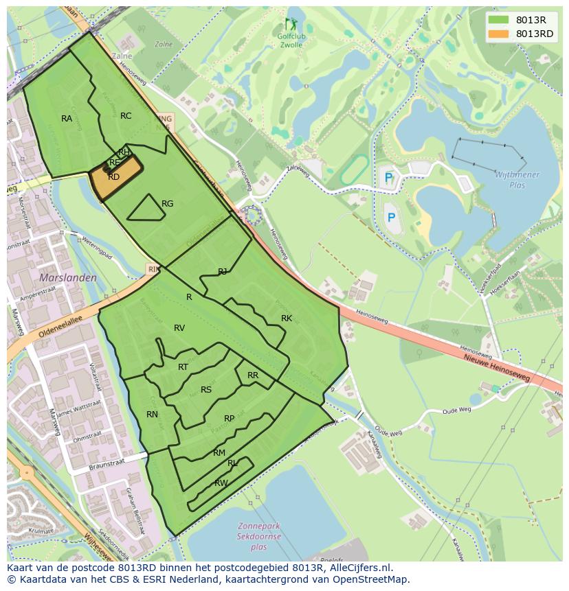 Afbeelding van het postcodegebied 8013 RD op de kaart.