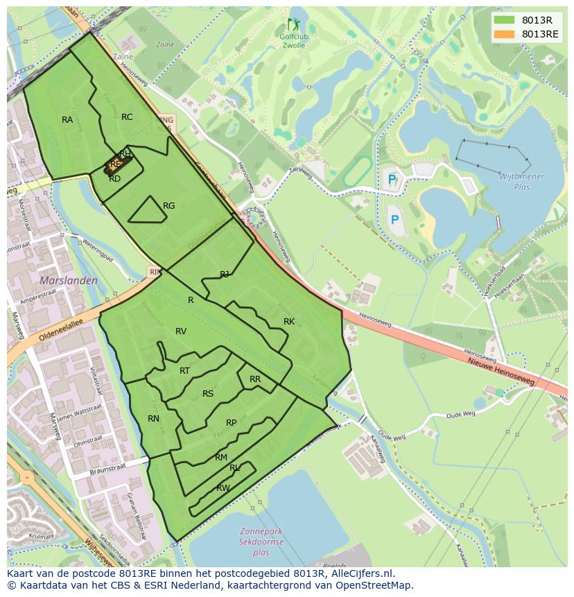 Afbeelding van het postcodegebied 8013 RE op de kaart.