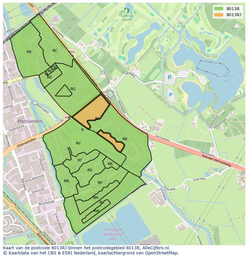 Afbeelding van het postcodegebied 8013 RJ op de kaart.