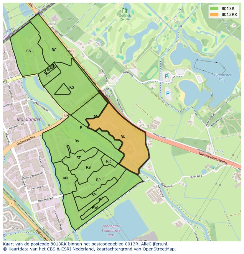 Afbeelding van het postcodegebied 8013 RK op de kaart.