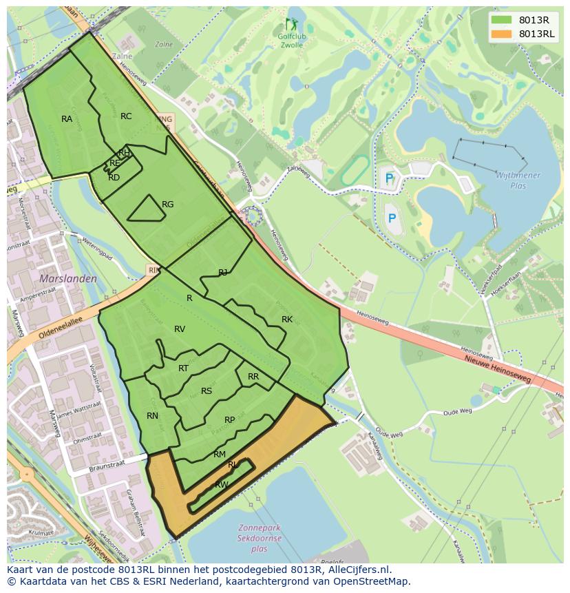 Afbeelding van het postcodegebied 8013 RL op de kaart.