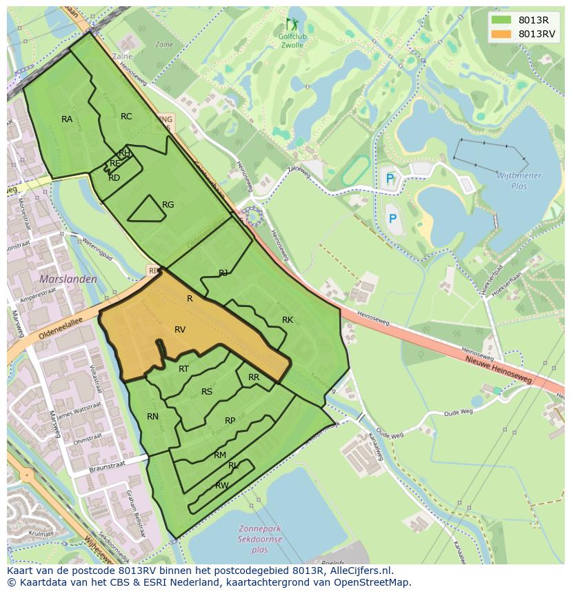 Afbeelding van het postcodegebied 8013 RV op de kaart.