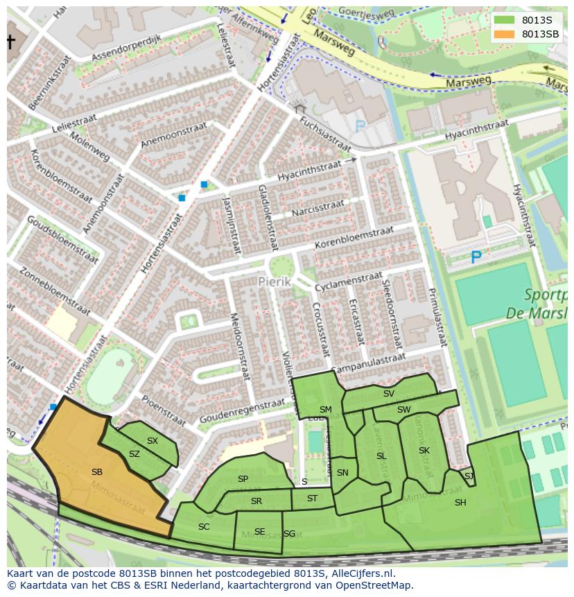 Afbeelding van het postcodegebied 8013 SB op de kaart.