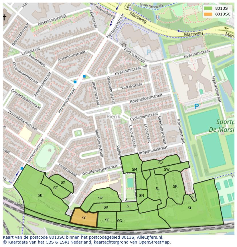 Afbeelding van het postcodegebied 8013 SC op de kaart.