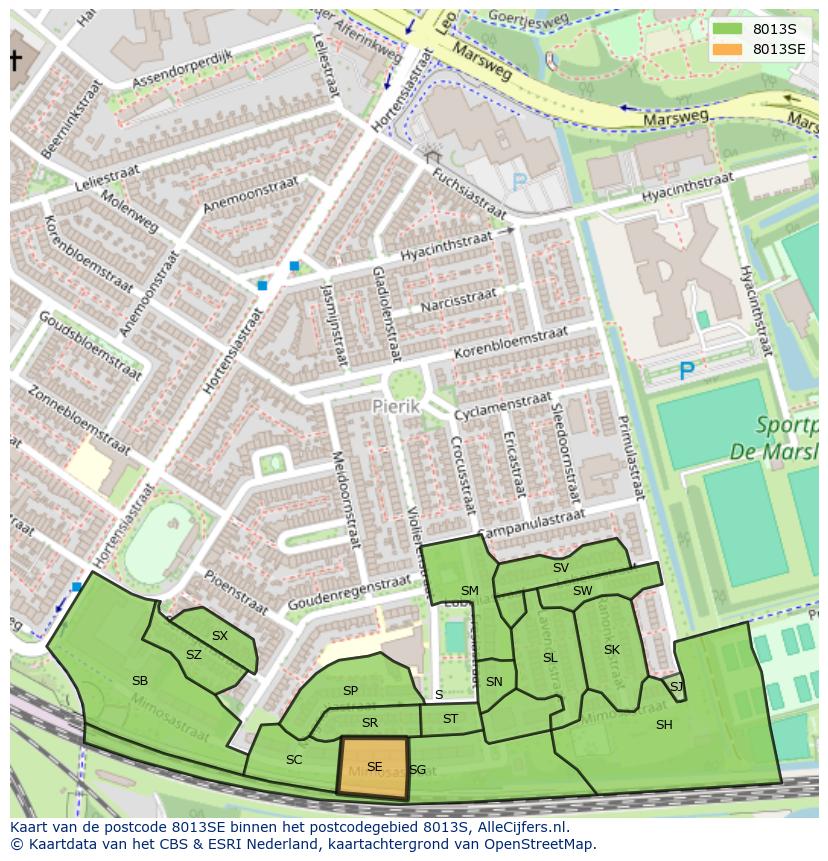 Afbeelding van het postcodegebied 8013 SE op de kaart.