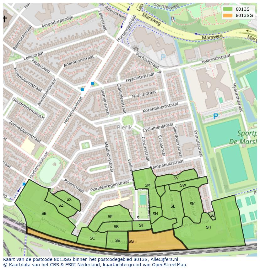Afbeelding van het postcodegebied 8013 SG op de kaart.