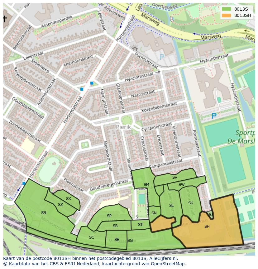 Afbeelding van het postcodegebied 8013 SH op de kaart.
