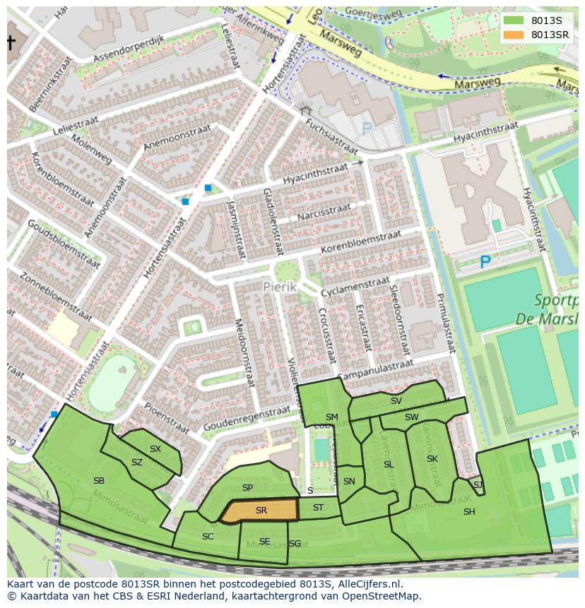 Afbeelding van het postcodegebied 8013 SR op de kaart.