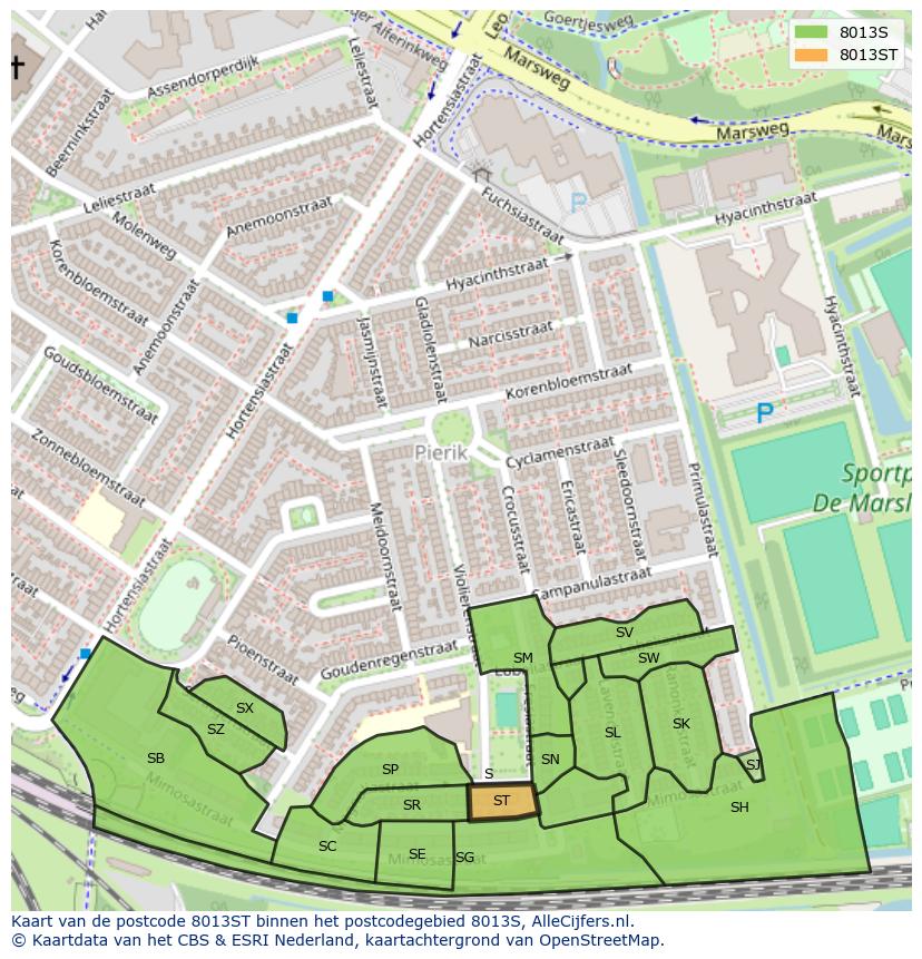 Afbeelding van het postcodegebied 8013 ST op de kaart.