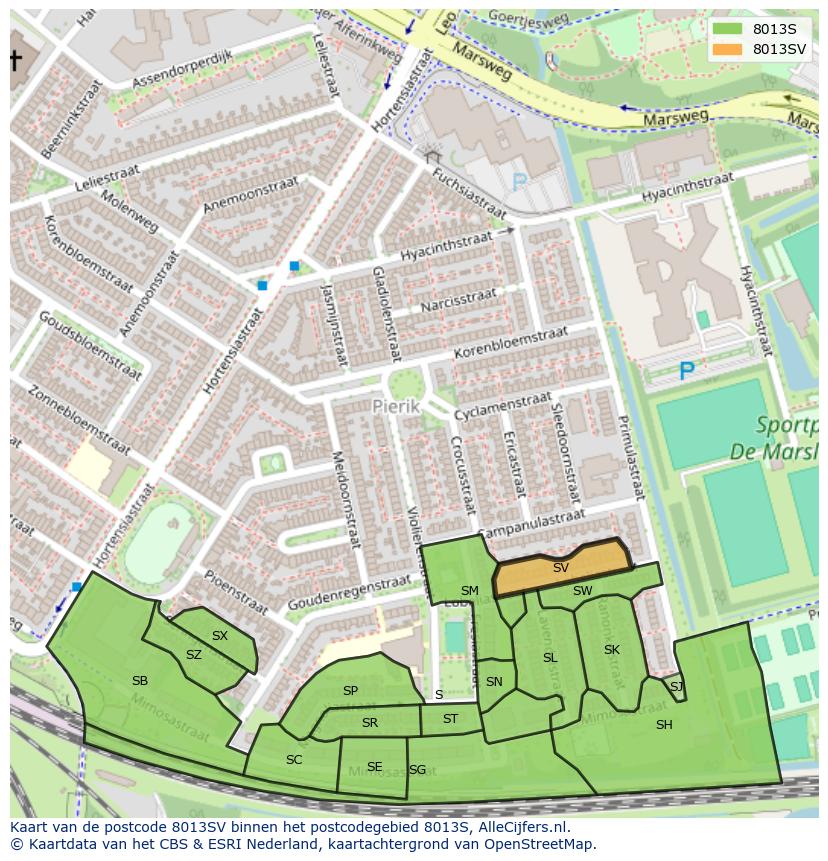 Afbeelding van het postcodegebied 8013 SV op de kaart.