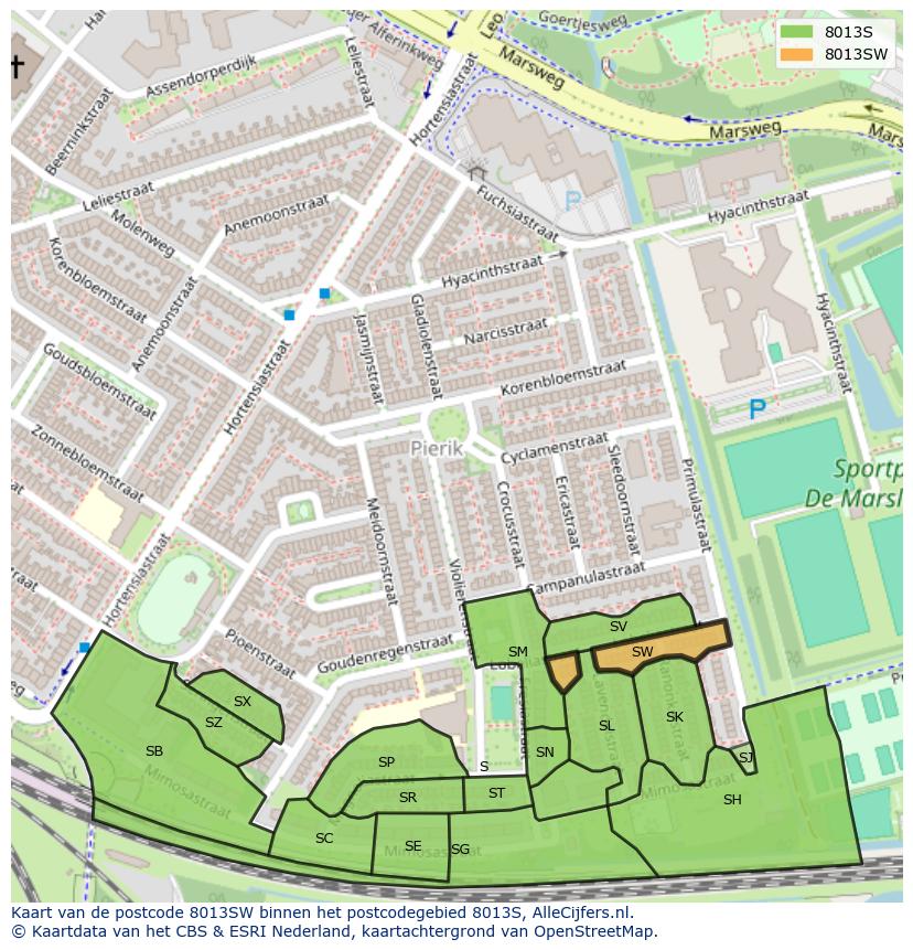 Afbeelding van het postcodegebied 8013 SW op de kaart.