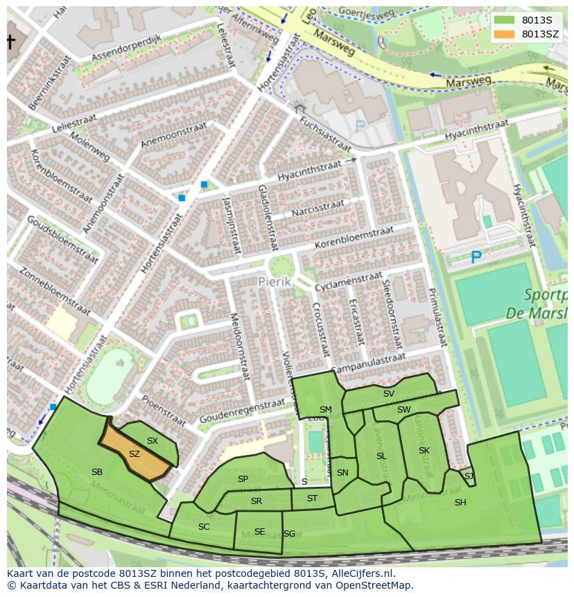 Afbeelding van het postcodegebied 8013 SZ op de kaart.