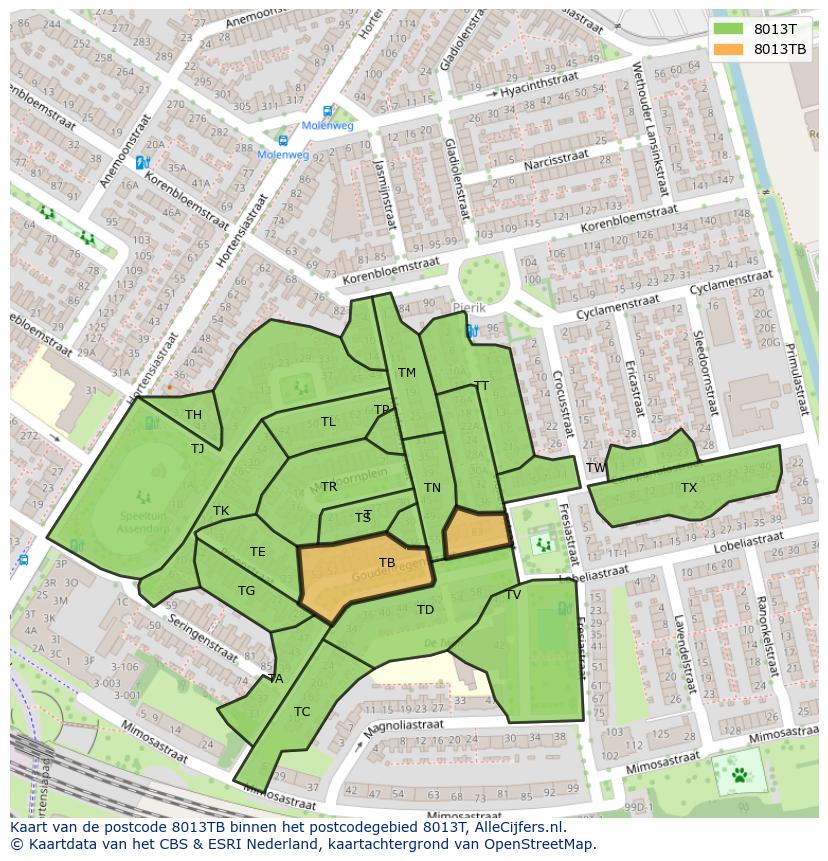 Afbeelding van het postcodegebied 8013 TB op de kaart.