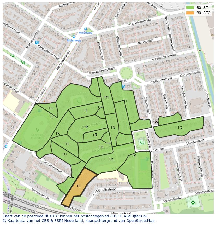 Afbeelding van het postcodegebied 8013 TC op de kaart.