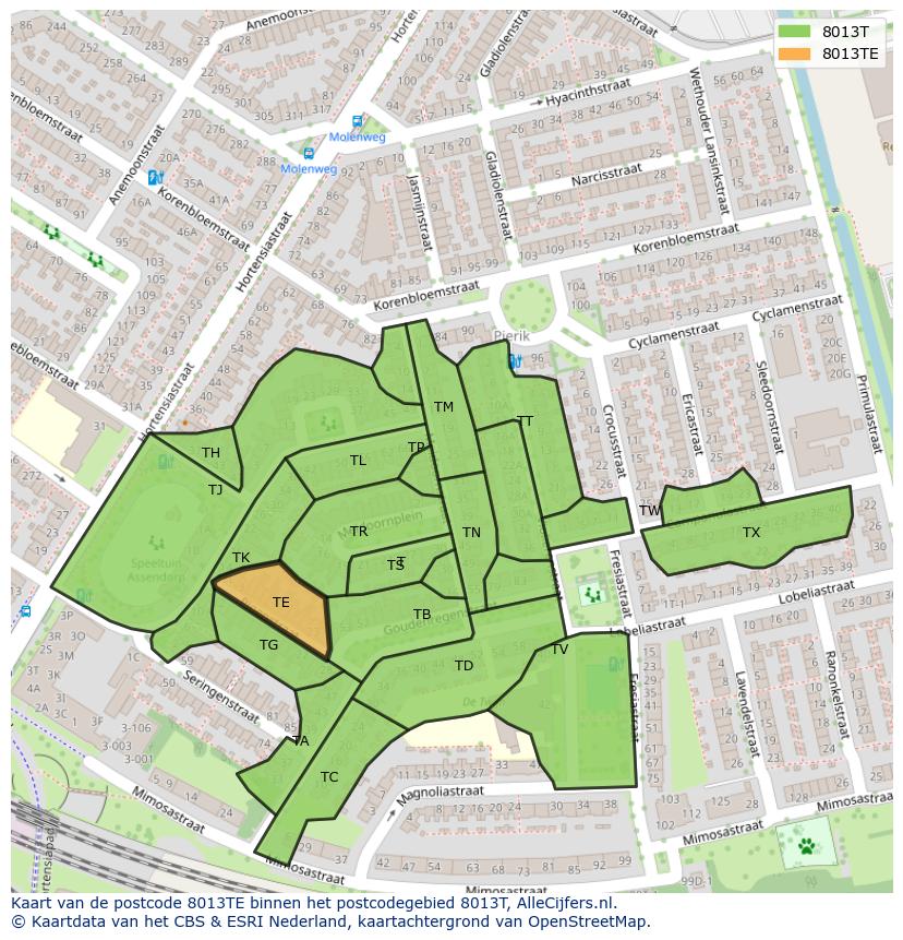 Afbeelding van het postcodegebied 8013 TE op de kaart.