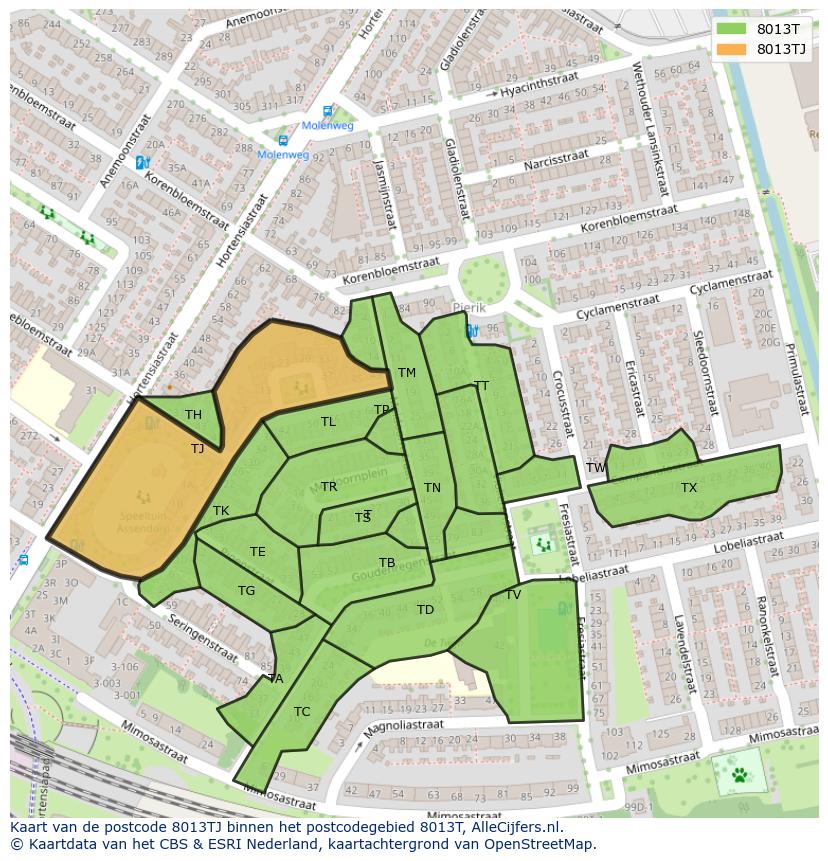 Afbeelding van het postcodegebied 8013 TJ op de kaart.