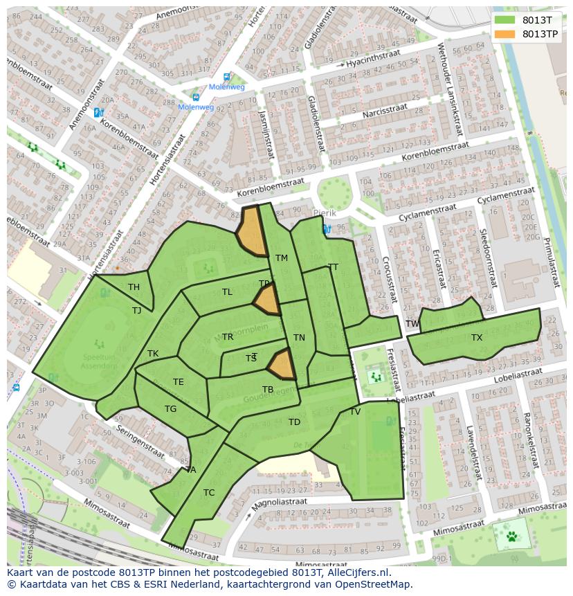 Afbeelding van het postcodegebied 8013 TP op de kaart.
