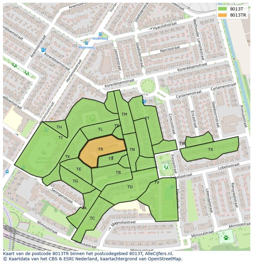 Afbeelding van het postcodegebied 8013 TR op de kaart.