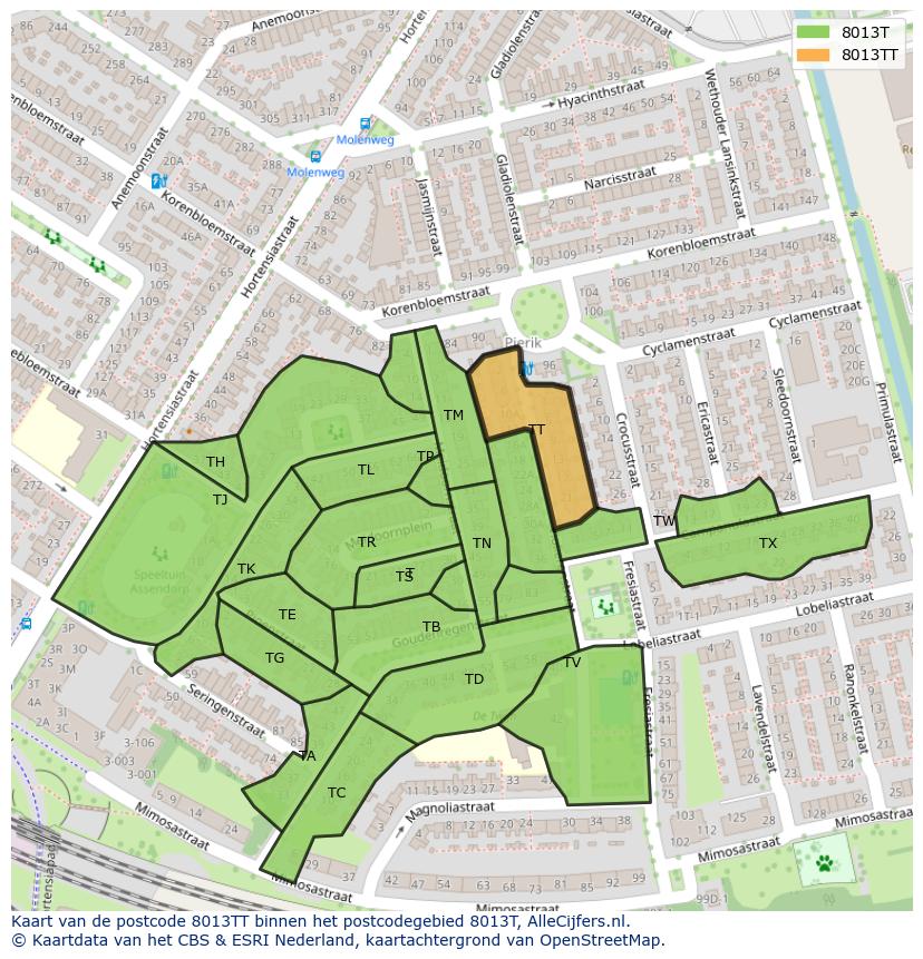 Afbeelding van het postcodegebied 8013 TT op de kaart.