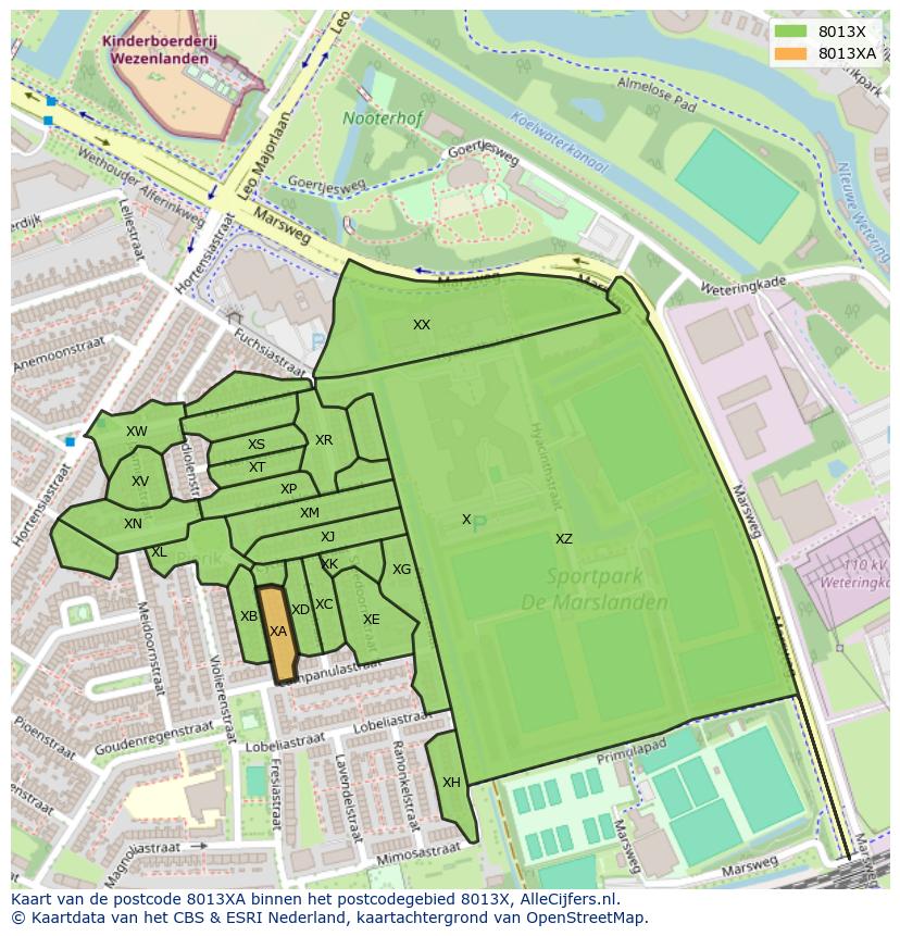 Afbeelding van het postcodegebied 8013 XA op de kaart.