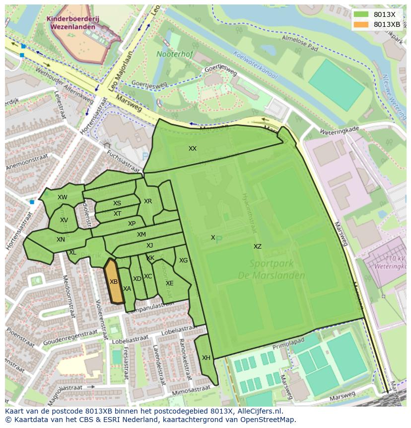 Afbeelding van het postcodegebied 8013 XB op de kaart.