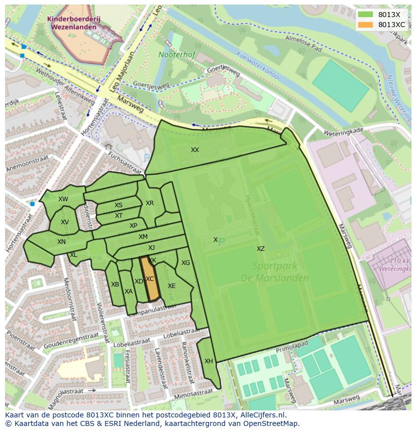 Afbeelding van het postcodegebied 8013 XC op de kaart.