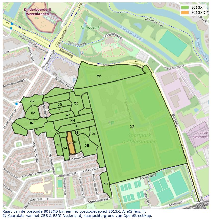 Afbeelding van het postcodegebied 8013 XD op de kaart.