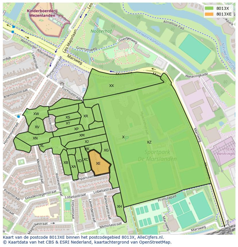 Afbeelding van het postcodegebied 8013 XE op de kaart.