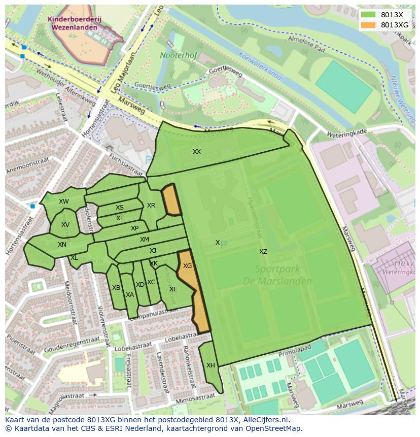 Afbeelding van het postcodegebied 8013 XG op de kaart.