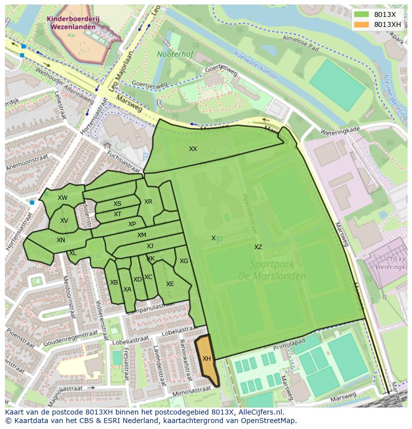 Afbeelding van het postcodegebied 8013 XH op de kaart.