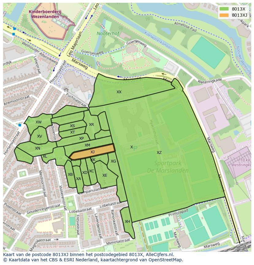 Afbeelding van het postcodegebied 8013 XJ op de kaart.