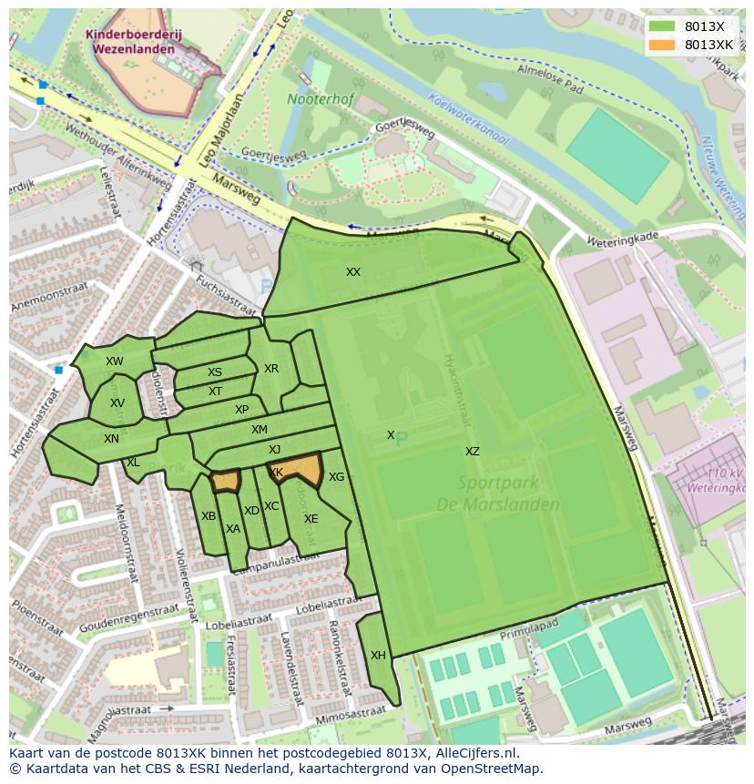 Afbeelding van het postcodegebied 8013 XK op de kaart.