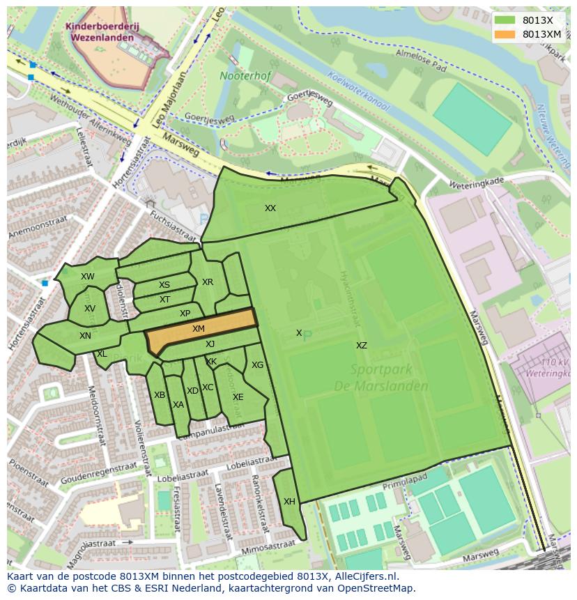 Afbeelding van het postcodegebied 8013 XM op de kaart.