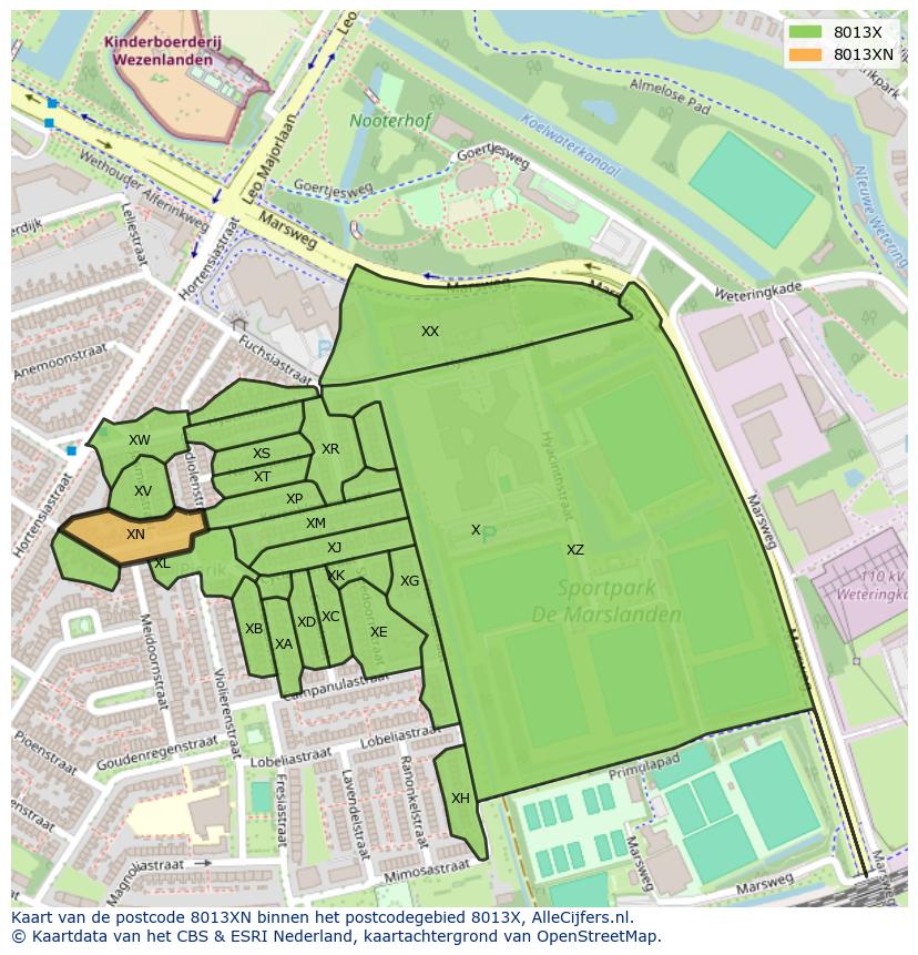 Afbeelding van het postcodegebied 8013 XN op de kaart.