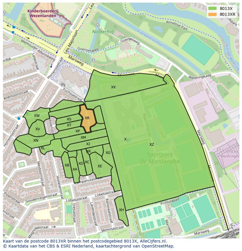 Afbeelding van het postcodegebied 8013 XR op de kaart.