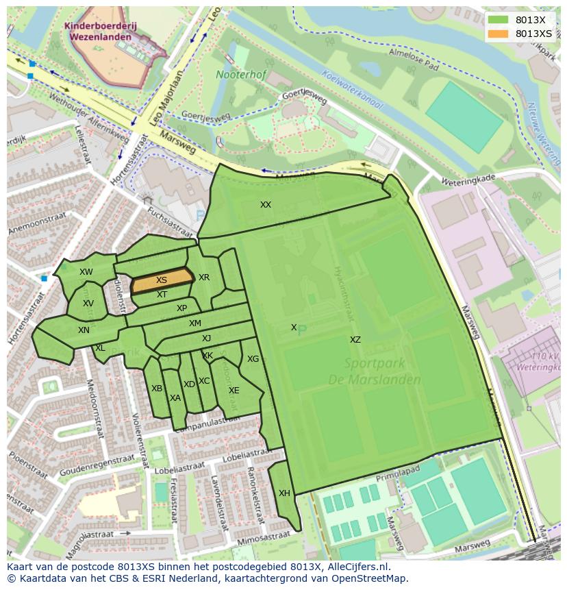 Afbeelding van het postcodegebied 8013 XS op de kaart.