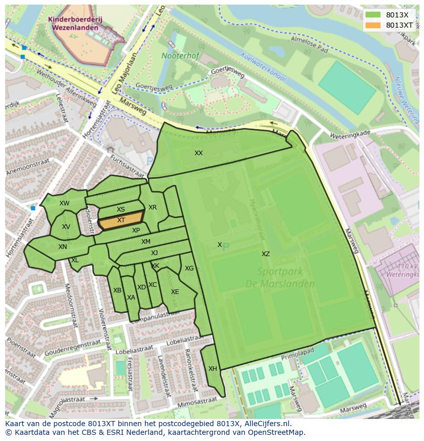 Afbeelding van het postcodegebied 8013 XT op de kaart.
