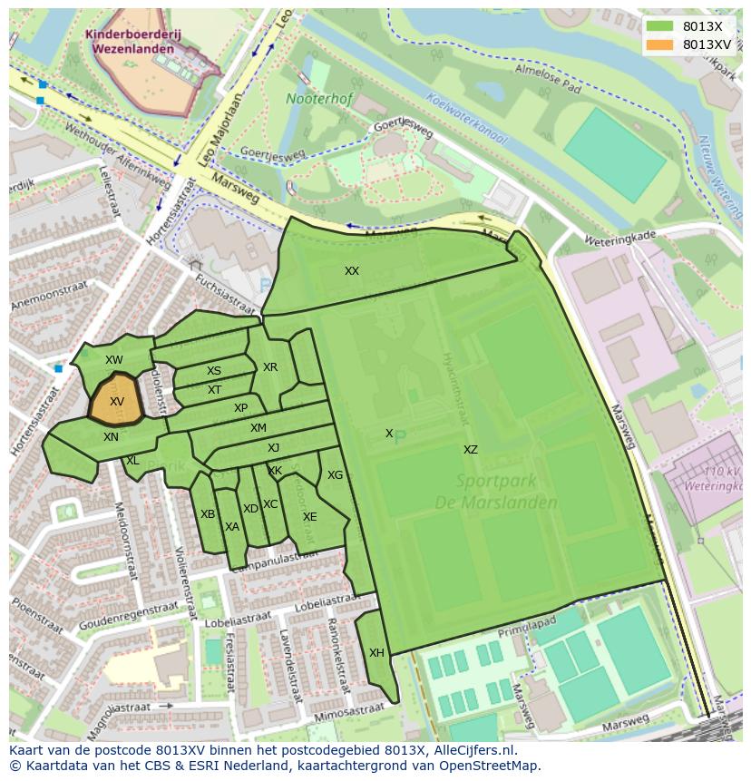 Afbeelding van het postcodegebied 8013 XV op de kaart.
