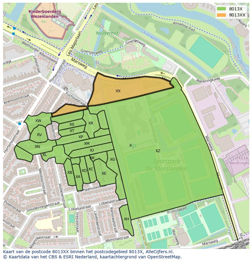 Afbeelding van het postcodegebied 8013 XX op de kaart.
