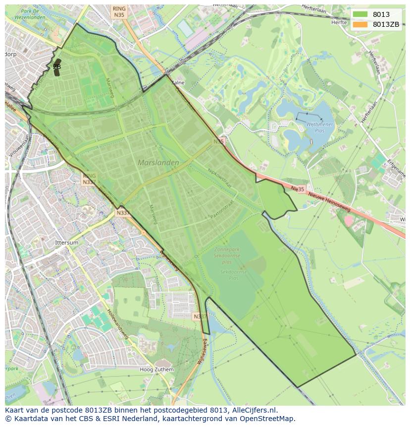 Afbeelding van het postcodegebied 8013 ZB op de kaart.