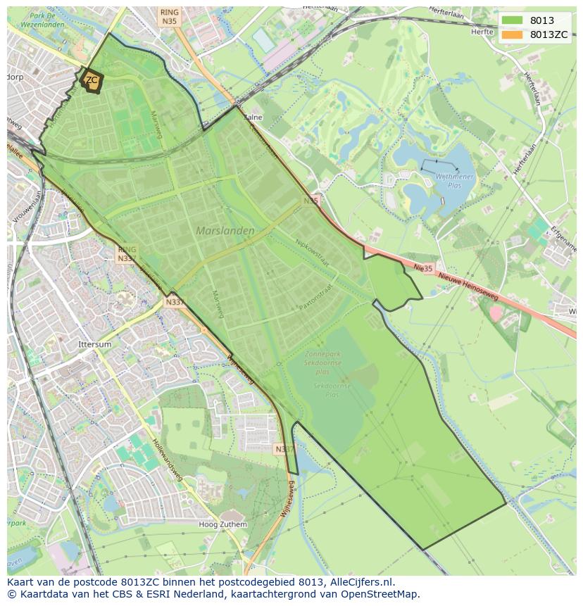 Afbeelding van het postcodegebied 8013 ZC op de kaart.