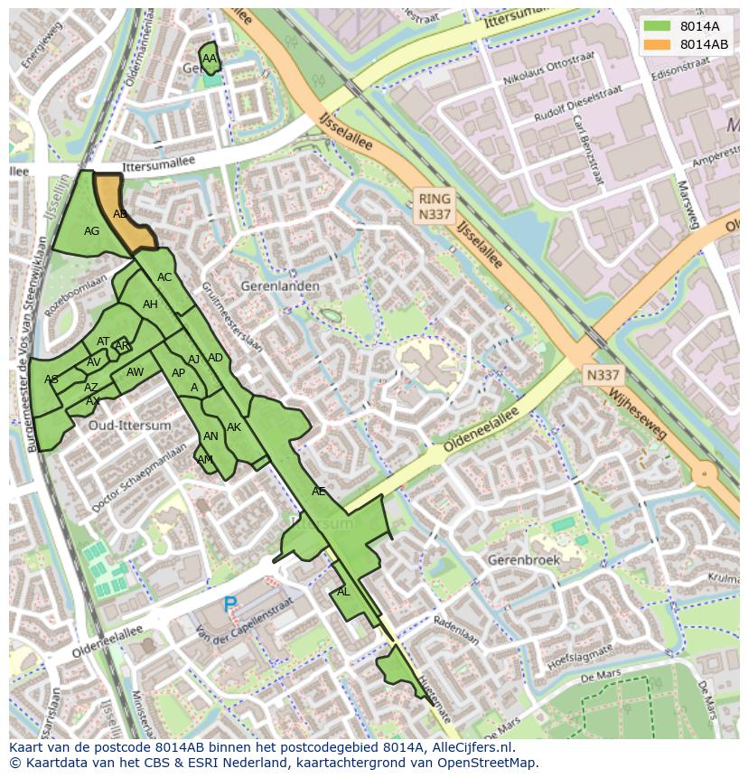 Afbeelding van het postcodegebied 8014 AB op de kaart.