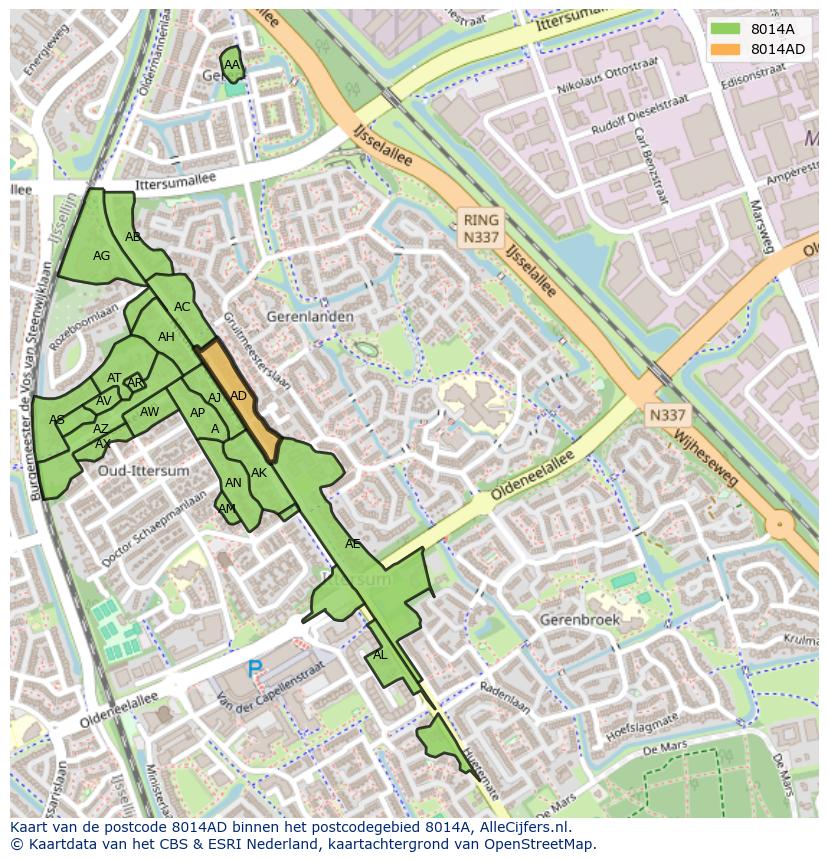 Afbeelding van het postcodegebied 8014 AD op de kaart.