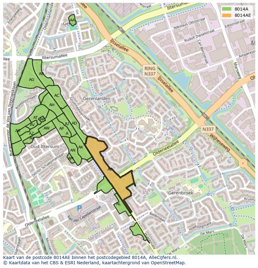 Afbeelding van het postcodegebied 8014 AE op de kaart.