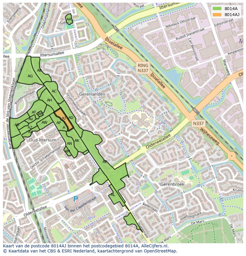 Afbeelding van het postcodegebied 8014 AJ op de kaart.